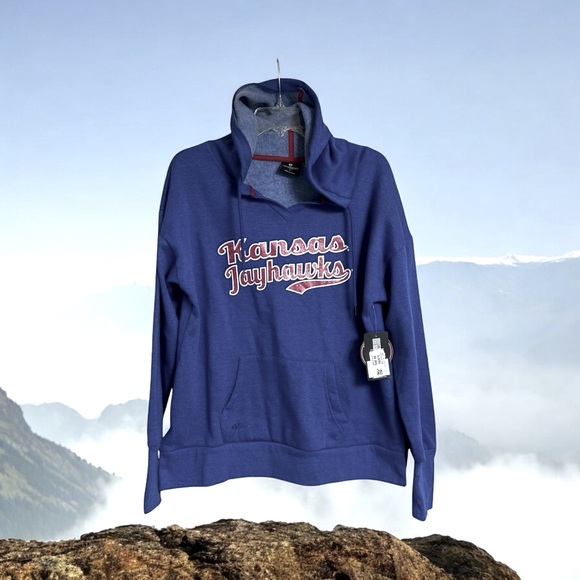 Kansas Jayhawks Hoodie Long‎ Sleeveless Kangaroo Pockets Sz L Blue by Colosseum - Picture 1 of 14